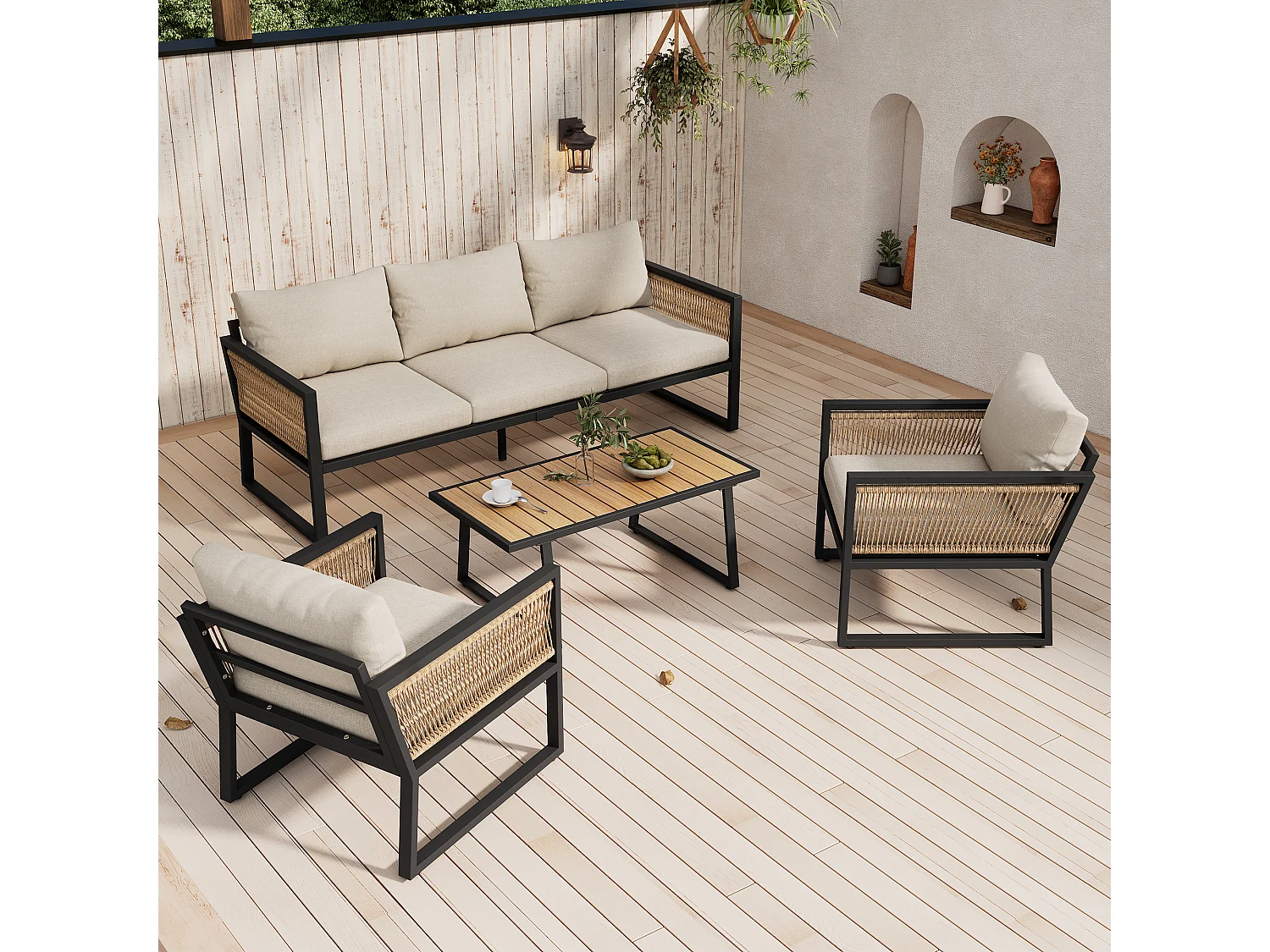 Set di mobili da giardino 4 pezzi, divano a 3 posti, 2 poltrone e tavolino, beige