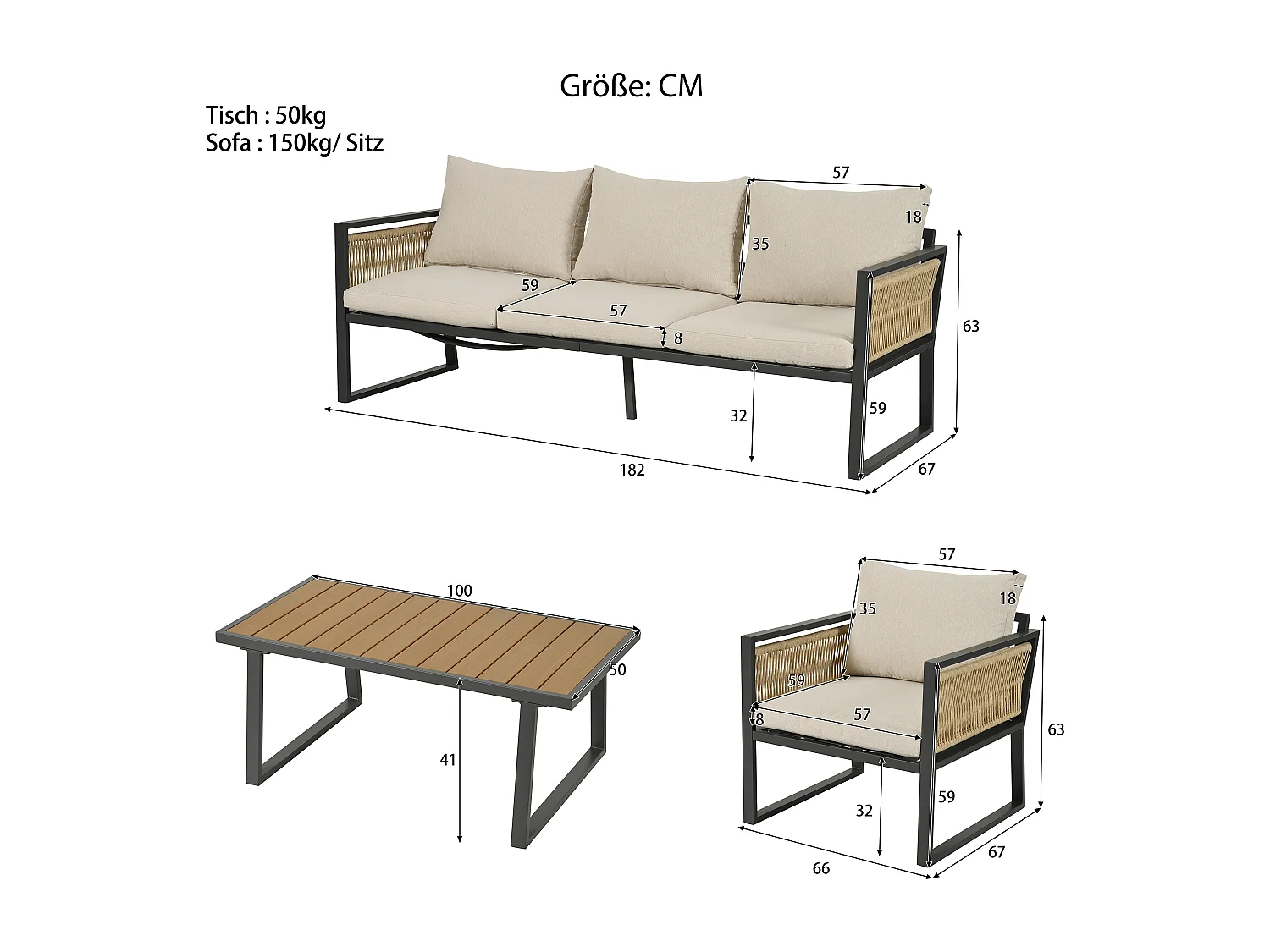 Set di mobili da giardino 4 pezzi, divano a 3 posti, 2 poltrone e tavolino, beige