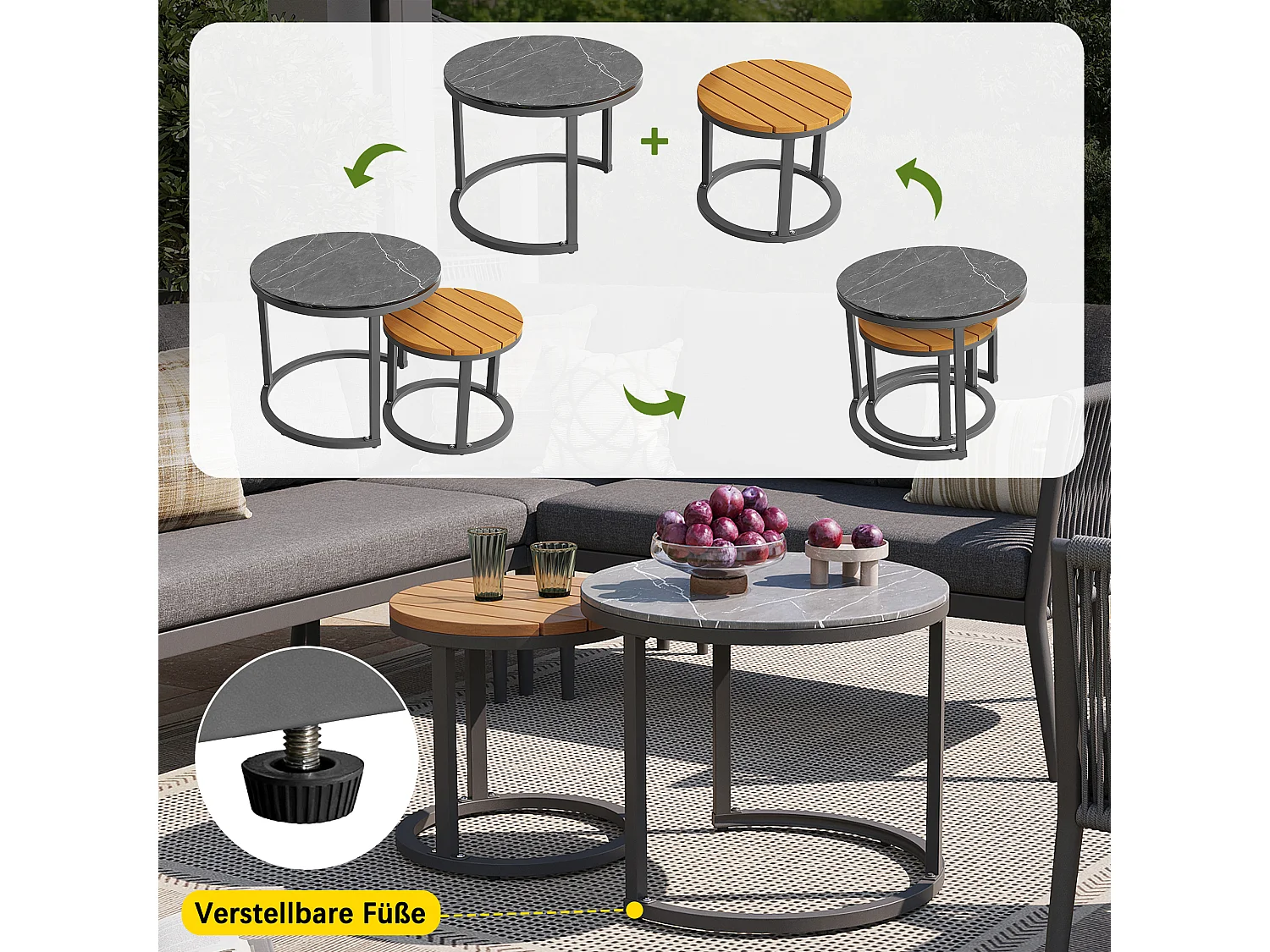 Salon de jardin pour 5-6 personnes, rotin PE avec banc et coussin imperméables, modulable, gris