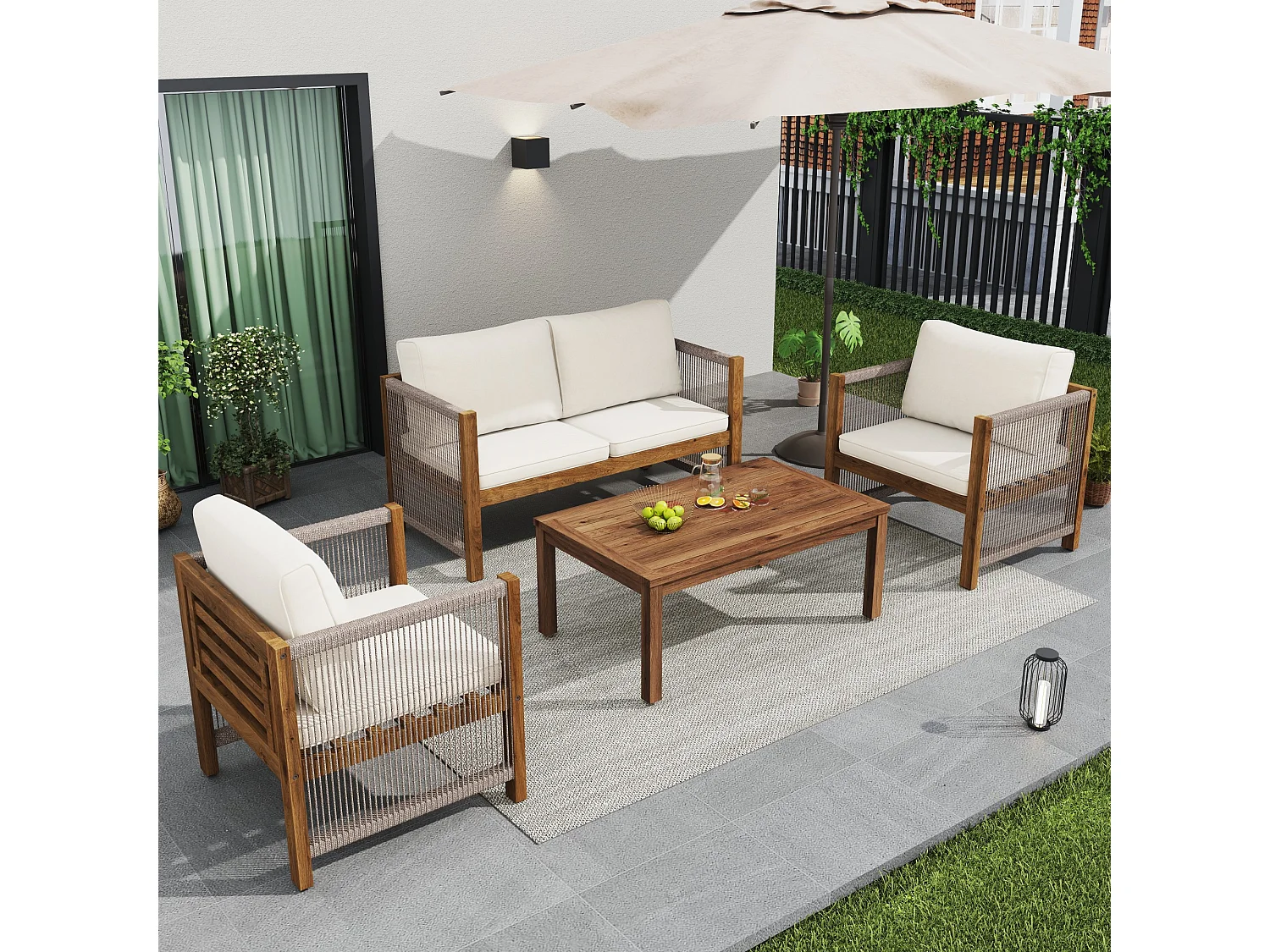 Mobili da giardino, con cuscini per il comfort, 2 poltrone e tavolo, per esterni, tavolo e sedie, effetto finto rattan, legno di acacia, beige