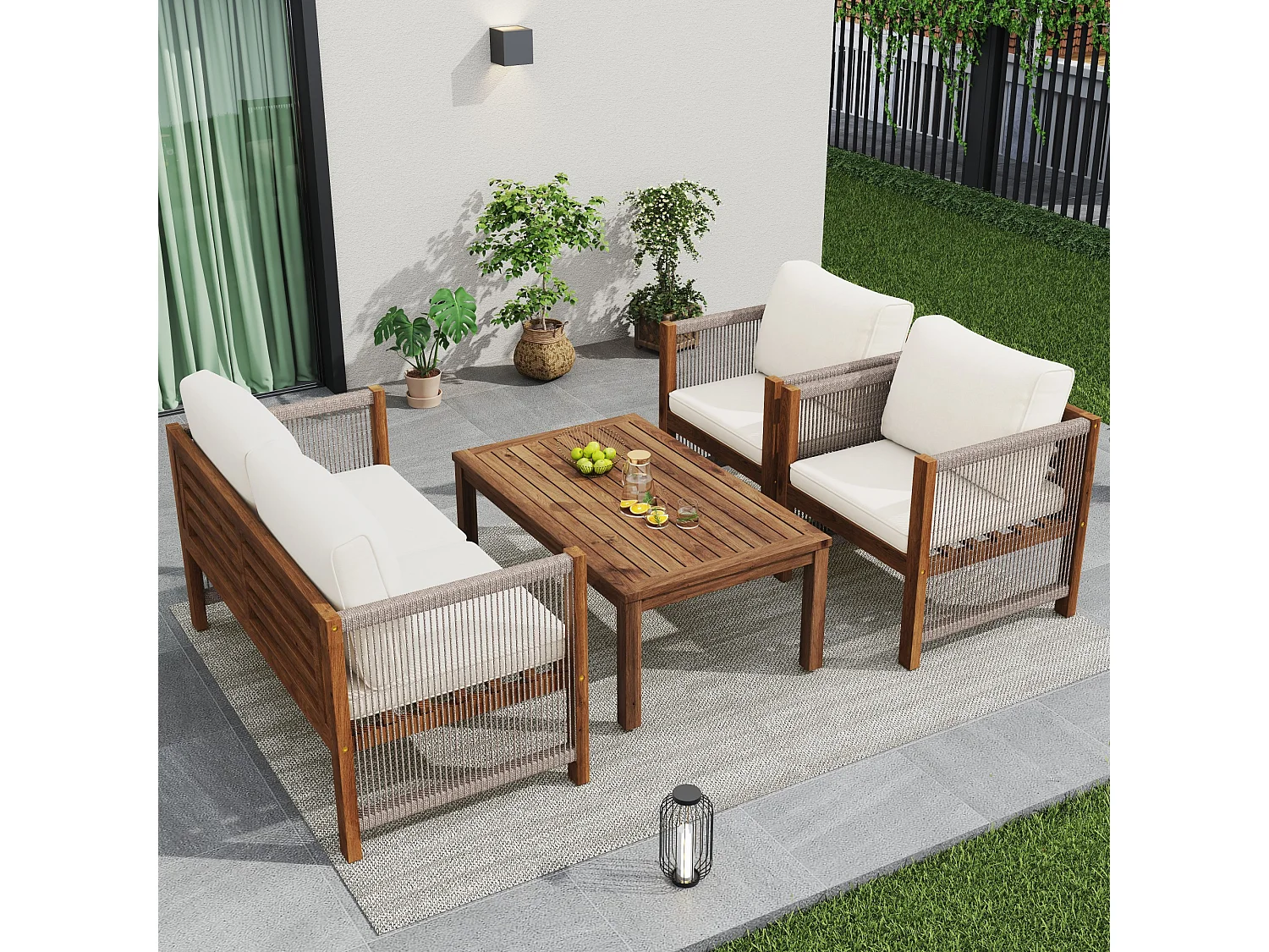 Mobili da giardino, con cuscini per il comfort, 2 poltrone e tavolo, per esterni, tavolo e sedie, effetto finto rattan, legno di acacia, beige