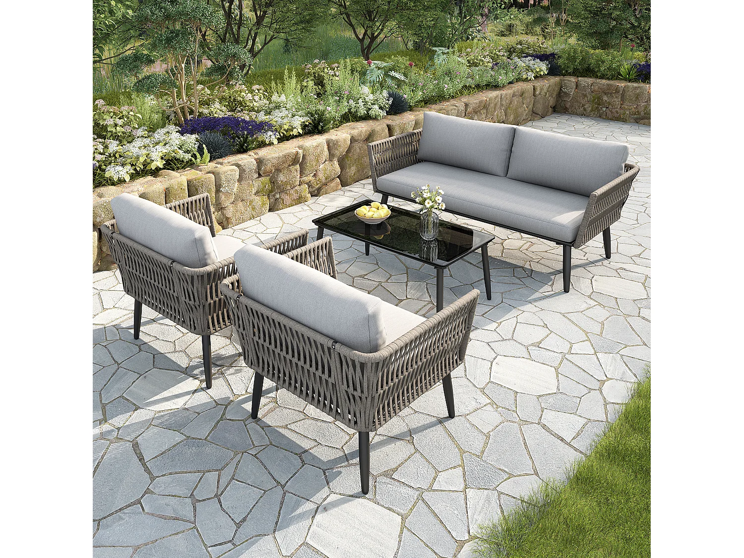 Conjunto de muebles de jardín con cojines, sofá doble, dos sillones y mesa baja, cordón PE, gris