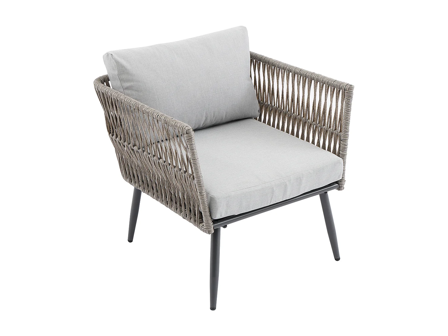 Conjunto de muebles de jardín con cojines, sofá doble, dos sillones y mesa baja, cordón PE, gris