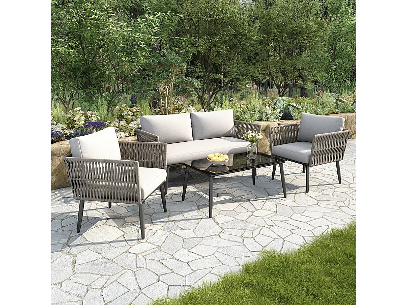 Ensemble de meubles de jardin avec coussins, canapé double, deux fauteuils et table basse, cordon PE, gris
