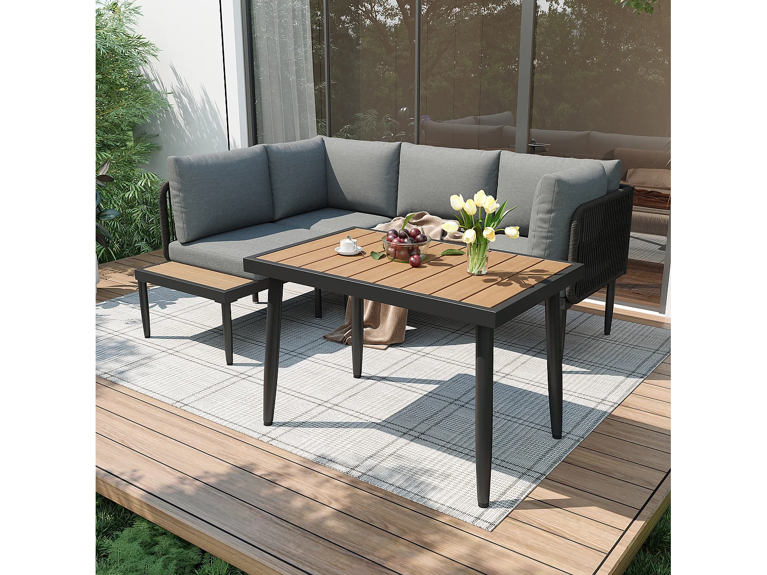 Conjunto de mesa y sillas de jardín, sofá esquinero + mesa de comedor, tubo de acero galvanizado, tablero de mesa de madera plástica, gris