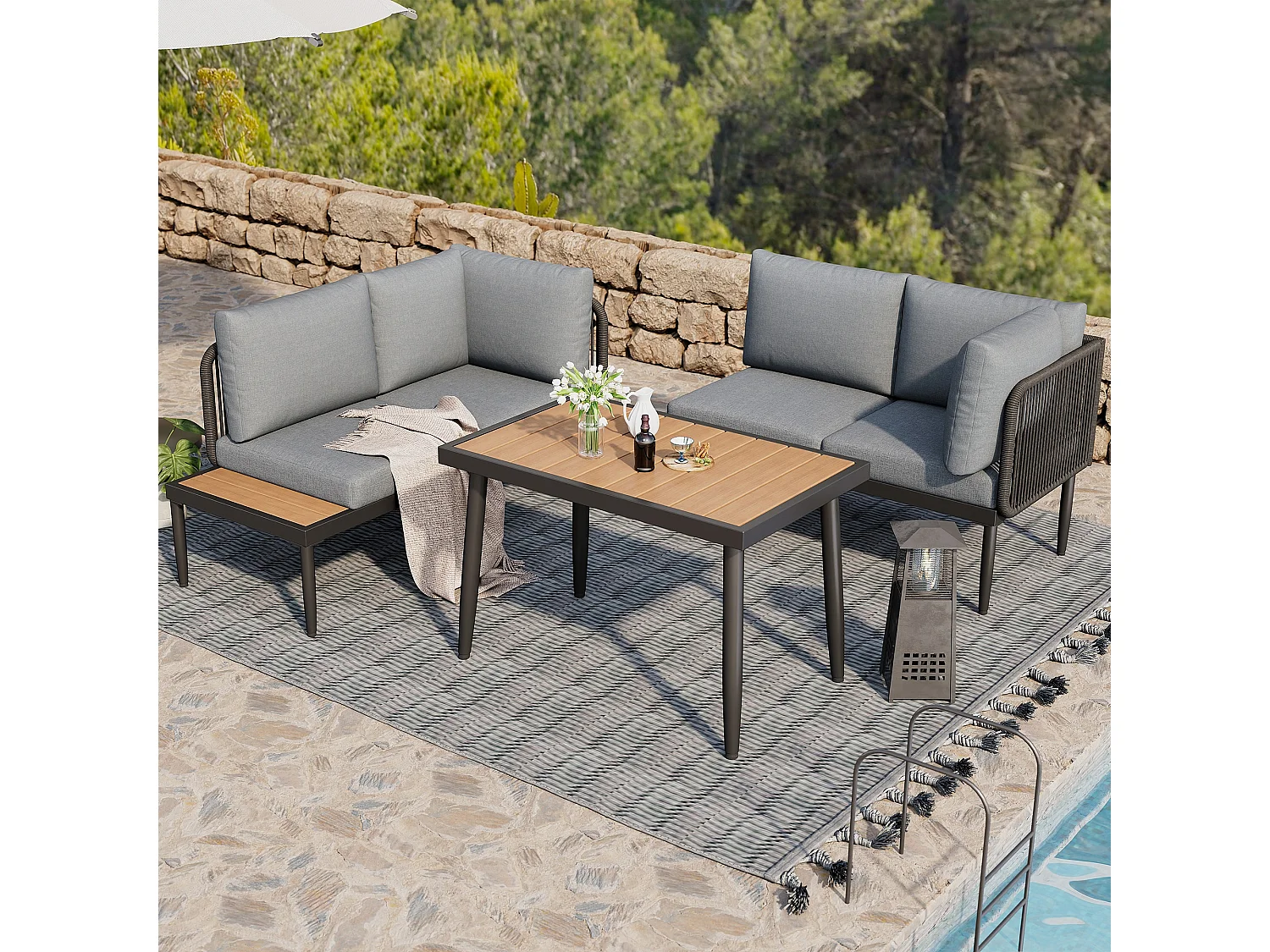 Conjunto de mesa y sillas de jardín, sofá esquinero + mesa de comedor, tubo de acero galvanizado, tablero de mesa de madera plástica, gris