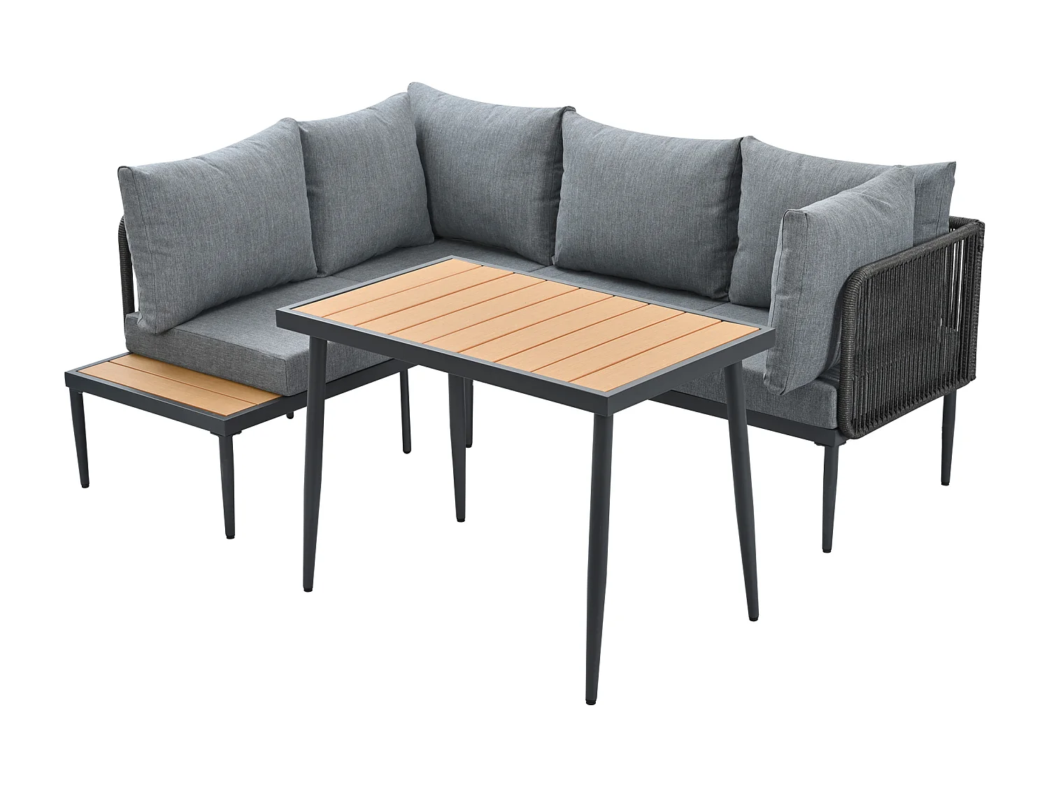 Conjunto de mesa y sillas de jardín, sofá esquinero + mesa de comedor, tubo de acero galvanizado, tablero de mesa de madera plástica, gris