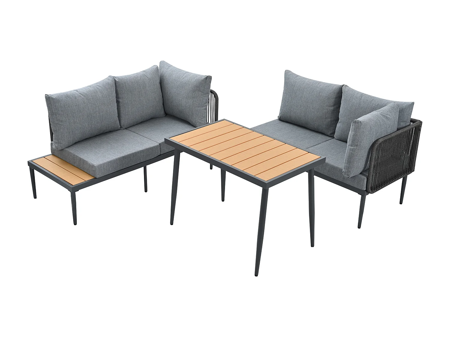 Conjunto de mesa y sillas de jardín, sofá esquinero + mesa de comedor, tubo de acero galvanizado, tablero de mesa de madera plástica, gris