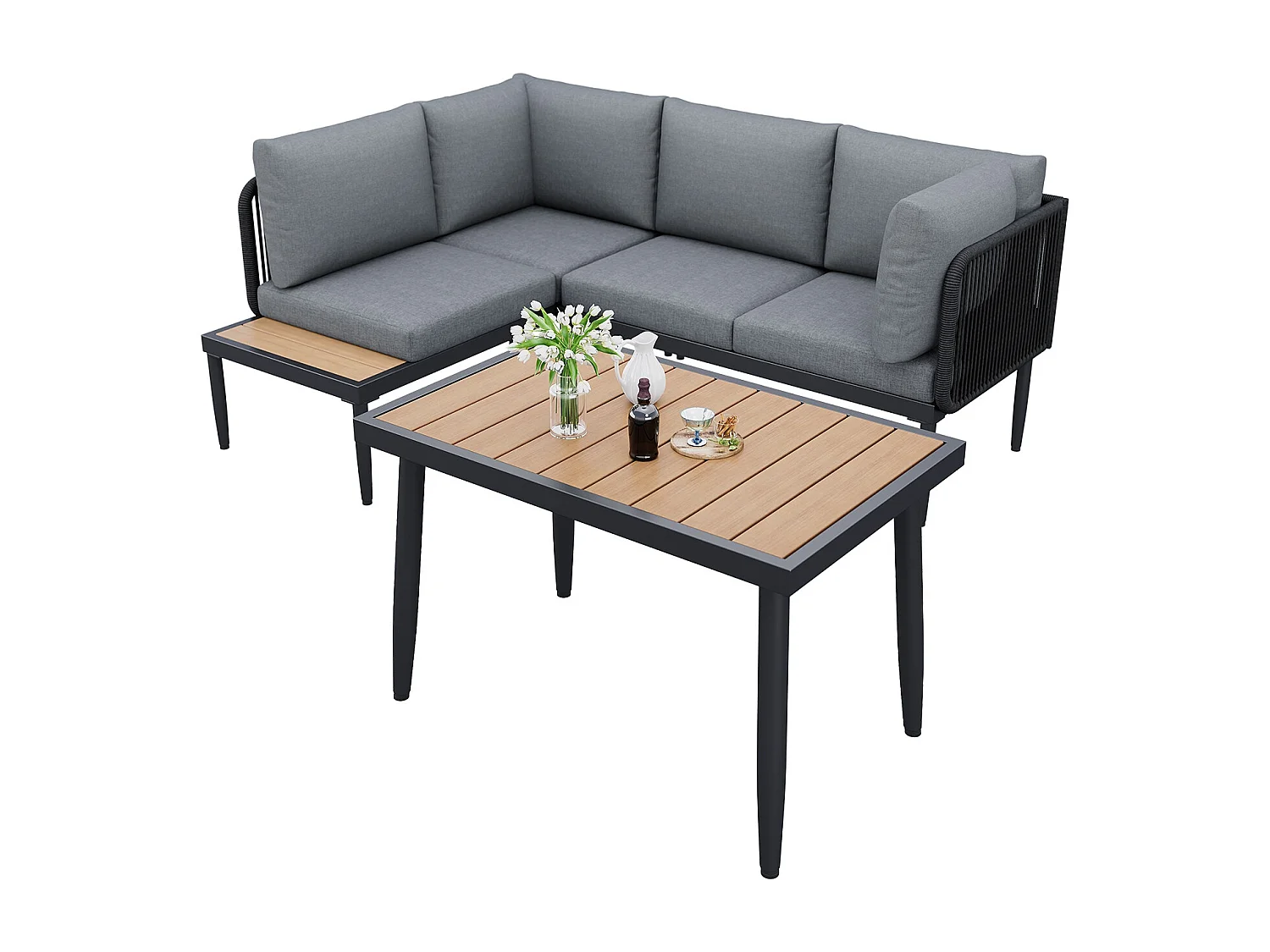 Conjunto de mesa y sillas de jardín, sofá esquinero + mesa de comedor, tubo de acero galvanizado, tablero de mesa de madera plástica, gris