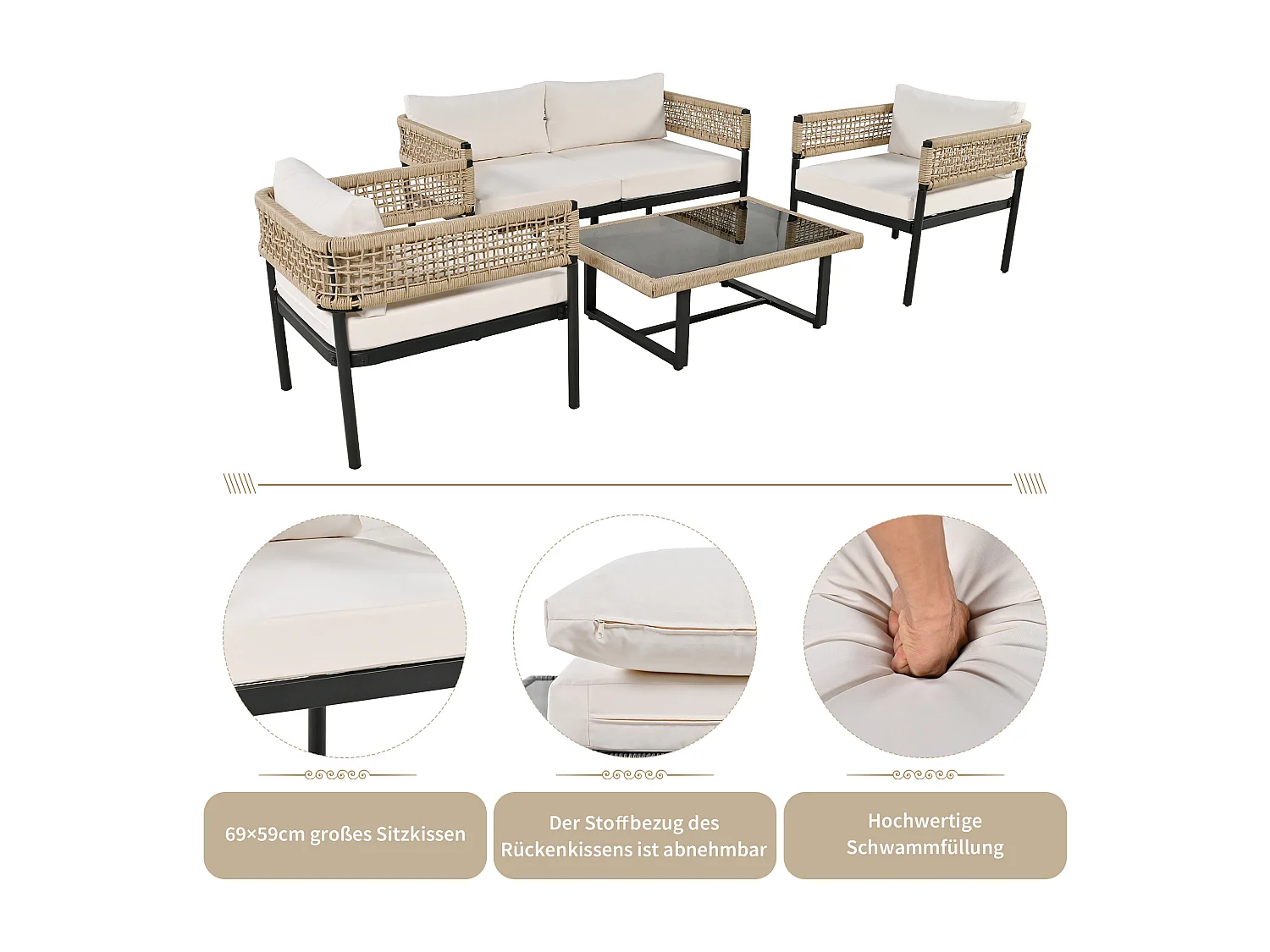 Gartenmöbel mit Seildetails, Glasplatte, inklusive Sitz- und Rückenkissen, beige