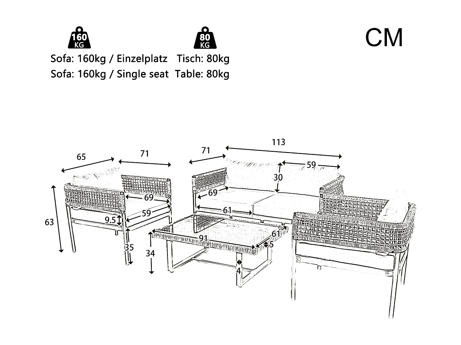 Gartenmöbel mit Seildetails, Glasplatte, inklusive Sitz- und Rückenkissen, beige