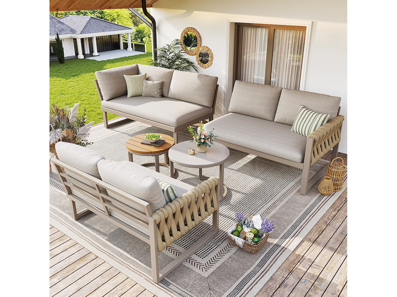 Gartenmöbelgarnitur für 5-6 Personen mit verstellbaren Füßen, wasserfesten und abnehmbaren Kissen, alle Kissen sind im Lieferumfang enthalten, beige