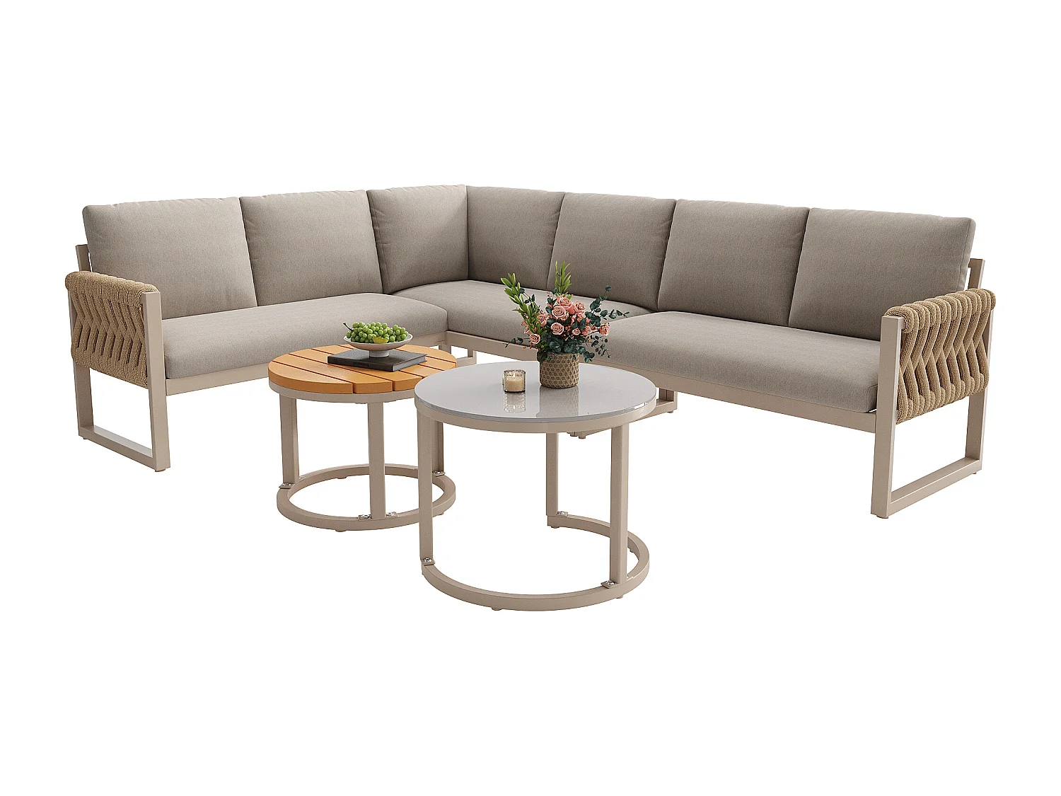 Gartenmöbelgarnitur für 5-6 Personen mit verstellbaren Füßen, wasserfesten und abnehmbaren Kissen, alle Kissen sind im Lieferumfang enthalten, beige