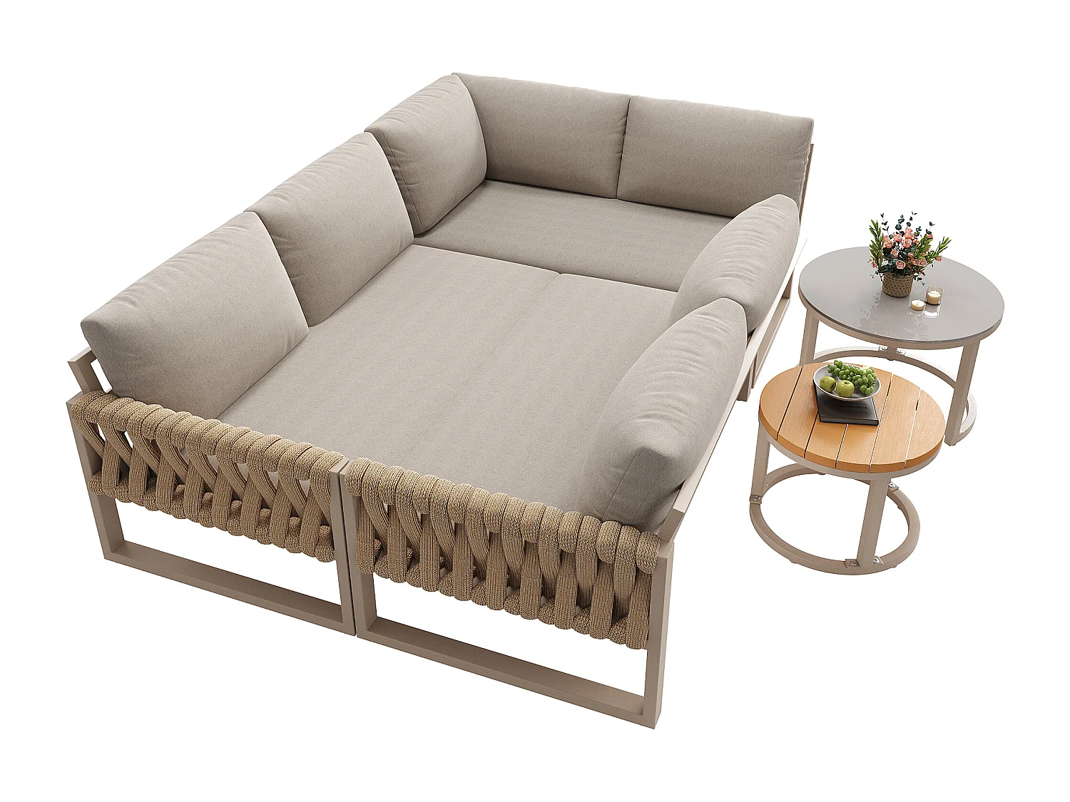 Gartenmöbelgarnitur für 5-6 Personen mit verstellbaren Füßen, wasserfesten und abnehmbaren Kissen, alle Kissen sind im Lieferumfang enthalten, beige