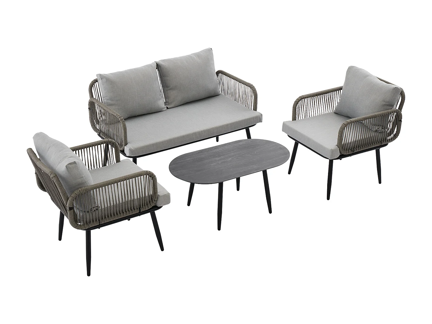 Tuinstoelset met comfortabele kussens, bestaande uit een tweezitsbank, twee fauteuils en een salontafel, grijs