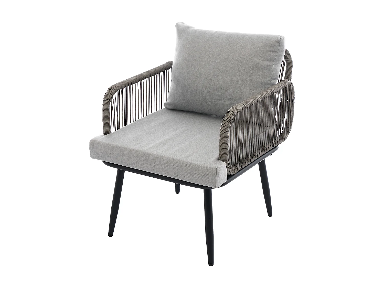 Tuinstoelset met comfortabele kussens, bestaande uit een tweezitsbank, twee fauteuils en een salontafel, grijs