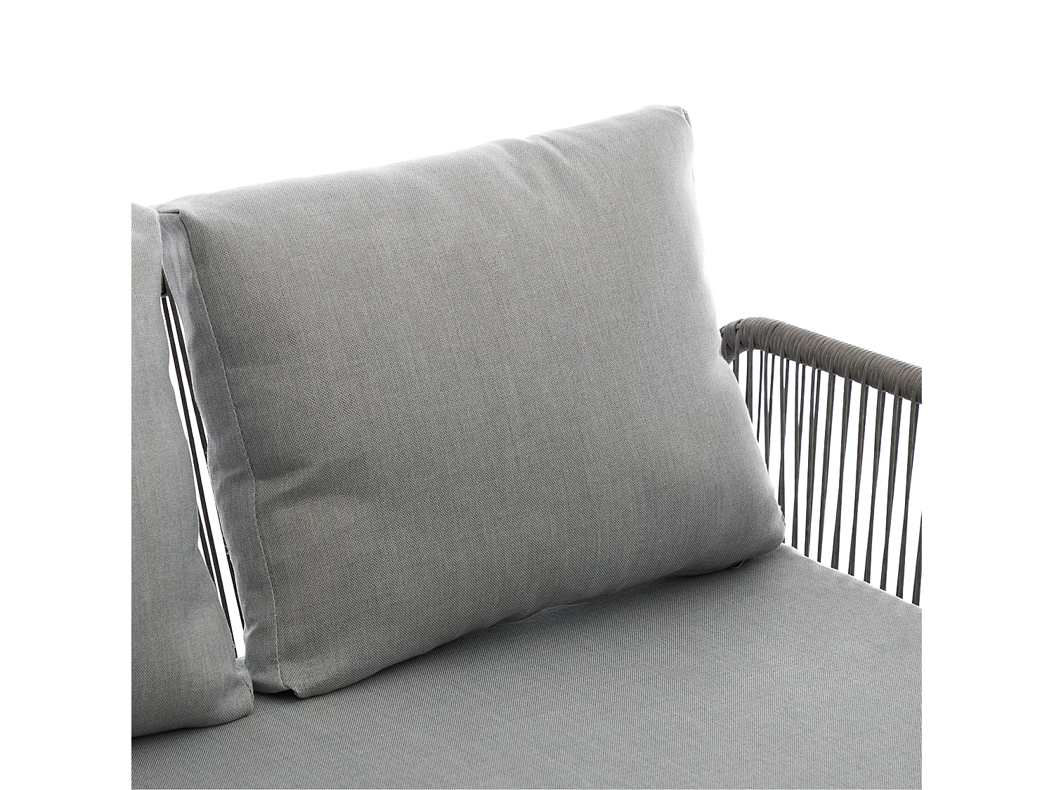 Tuinstoelset met comfortabele kussens, bestaande uit een tweezitsbank, twee fauteuils en een salontafel, grijs