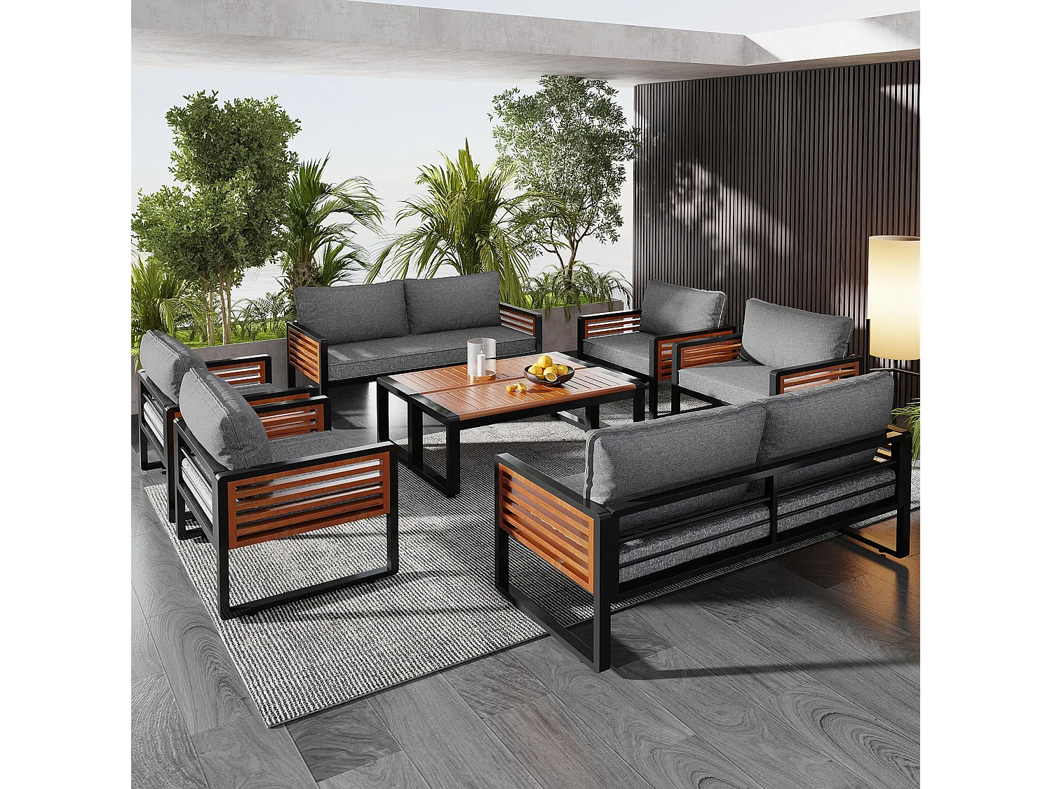 Tuinset met frame van gegalvaniseerd ijzer, decoratieve leuning van hout, grijs