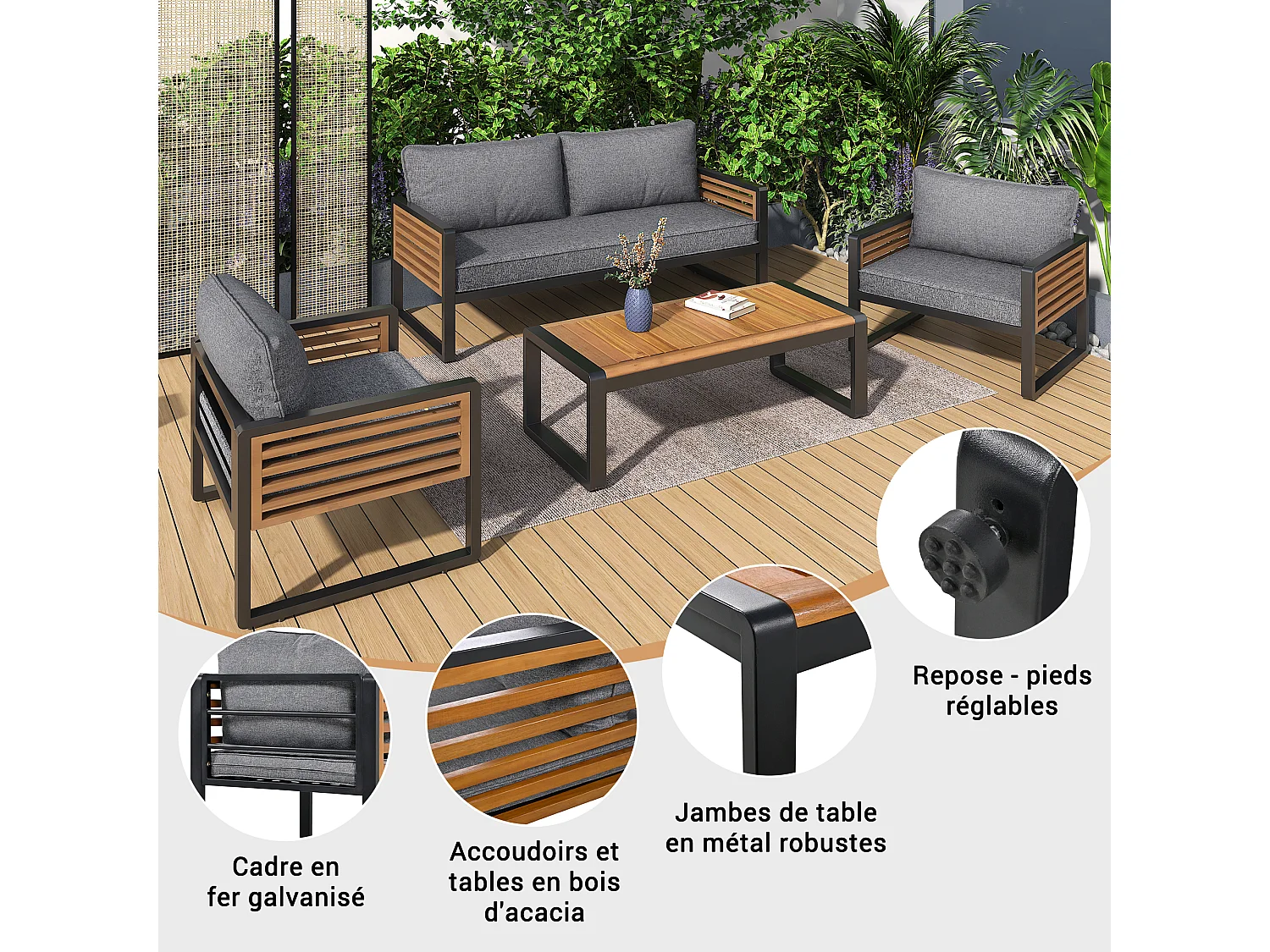 Tuinset met frame van gegalvaniseerd ijzer, decoratieve leuning van hout, grijs