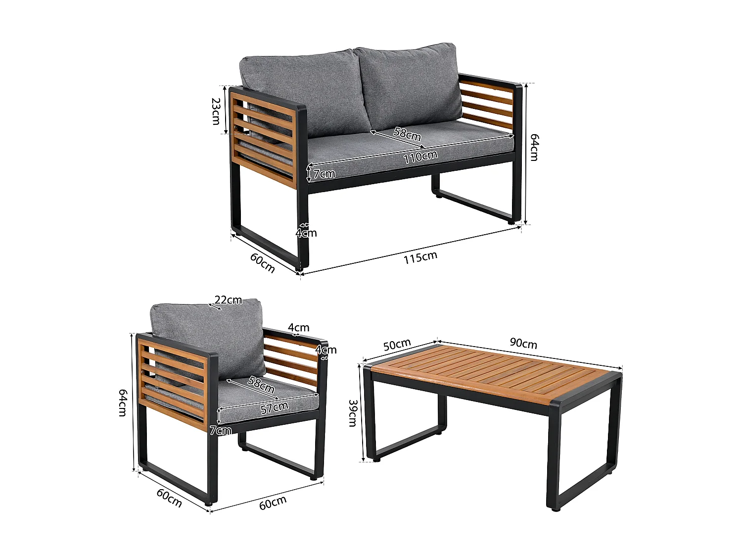 Tuinset met frame van gegalvaniseerd ijzer, decoratieve leuning van hout, grijs