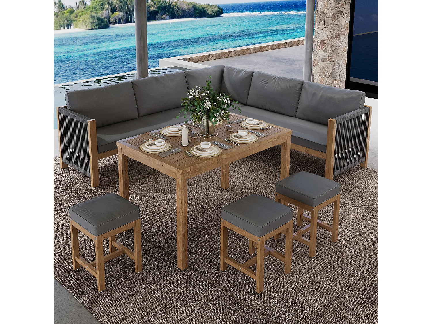 Ensemble table et chaises d'extérieur pour 7-8 personnes avec canapé, 3 bancs et 1 table, acacia, gris + naturel