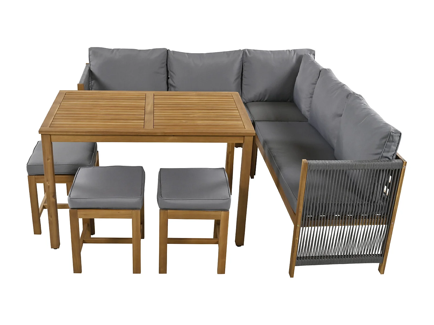 Ensemble table et chaises d'extérieur pour 7-8 personnes avec canapé, 3 bancs et 1 table, acacia, gris + naturel