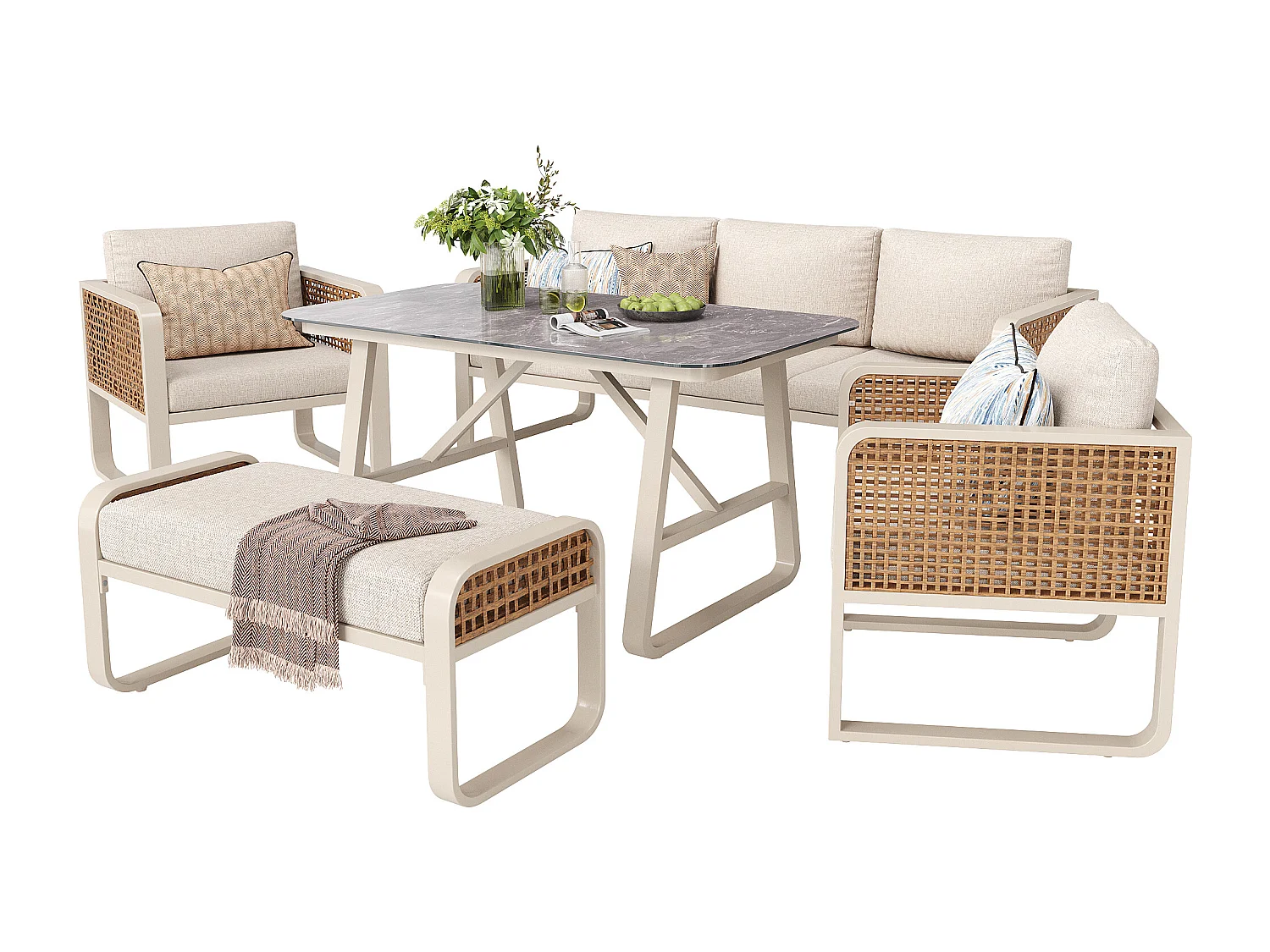 Canapé de jardin 6-7 places, rotin PE, avec table d'appoint, coussins lavables, beige