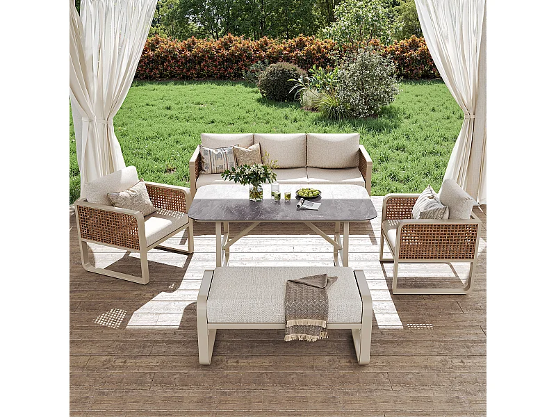 Canapé de jardin 6-7 places, rotin PE, avec table d'appoint, coussins lavables, beige