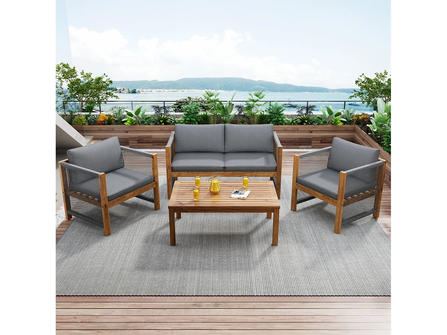 Mobili da giardino, con cuscini per il comfort, 2 poltrone e tavolo, per esterni, tavolo e sedie, effetto finto rattan, legno di acacia, grigio