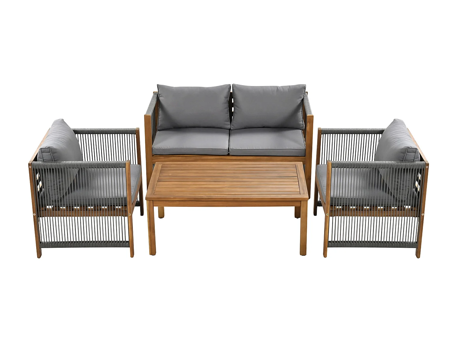 Mobili da giardino, con cuscini per il comfort, 2 poltrone e tavolo, per esterni, tavolo e sedie, effetto finto rattan, legno di acacia, grigio