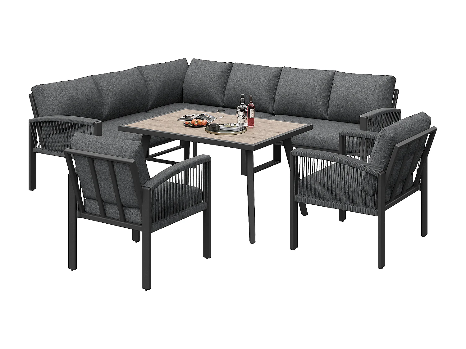 Mobiliario de jardín con acabado en madera, incluye cojines para el asiento y el respaldo, gris