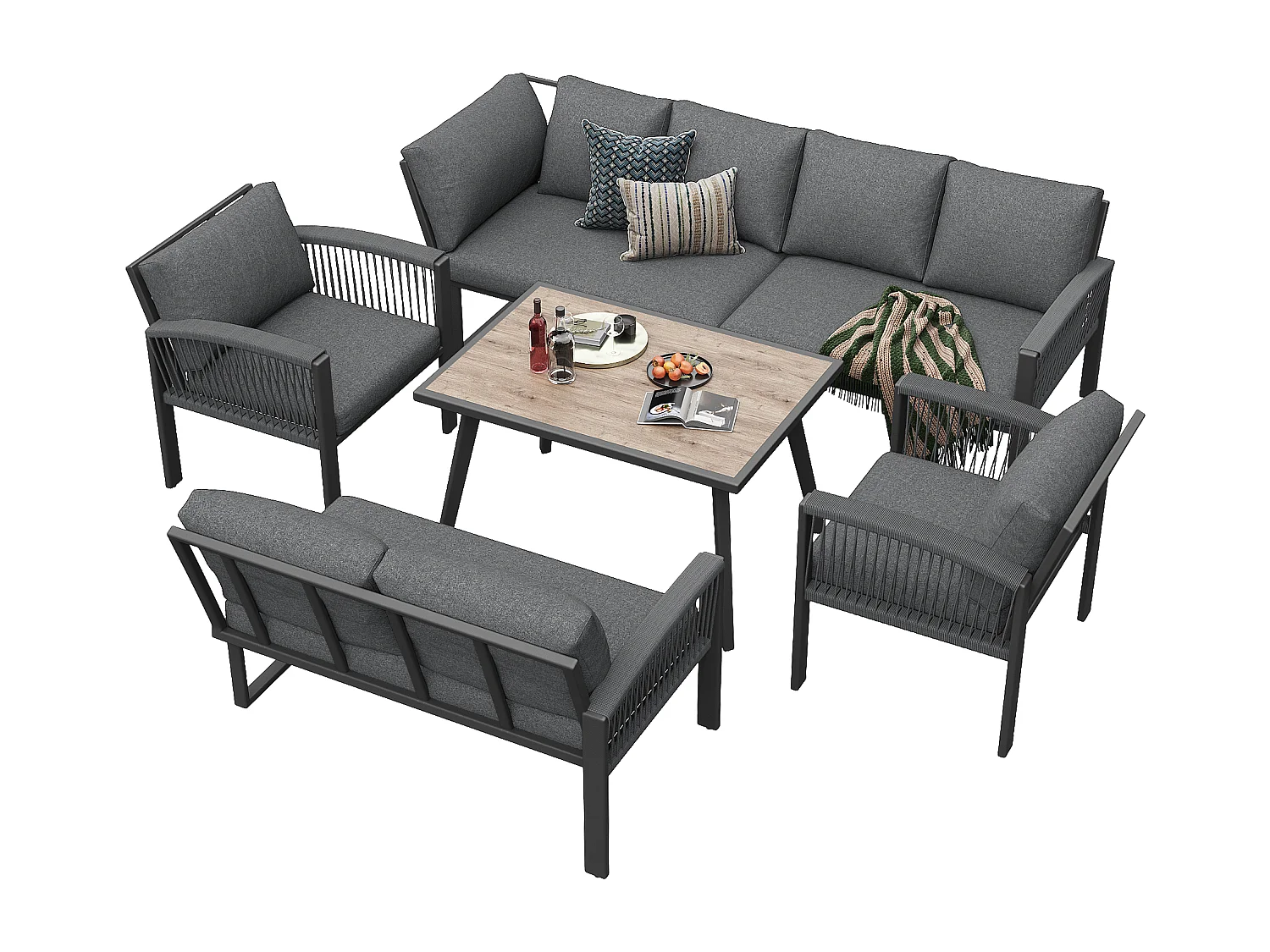 Mobiliario de jardín con acabado en madera, incluye cojines para el asiento y el respaldo, gris