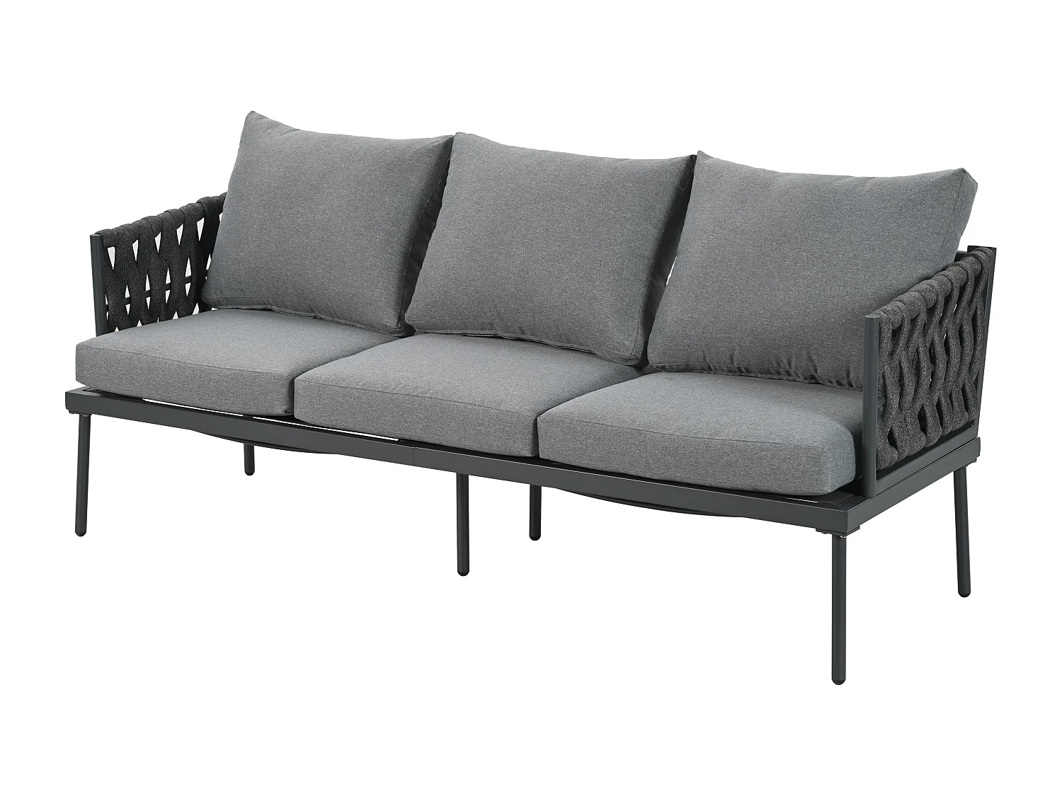 Salon de jardin avec coussins confort, plateau en verre, accoudoirs en corde tressée, gris