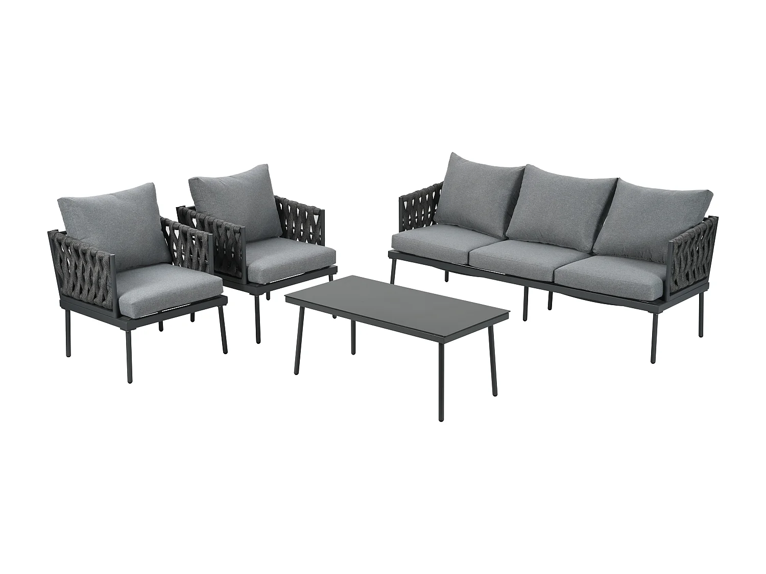 Salon de jardin avec coussins confort, plateau en verre, accoudoirs en corde tressée, gris