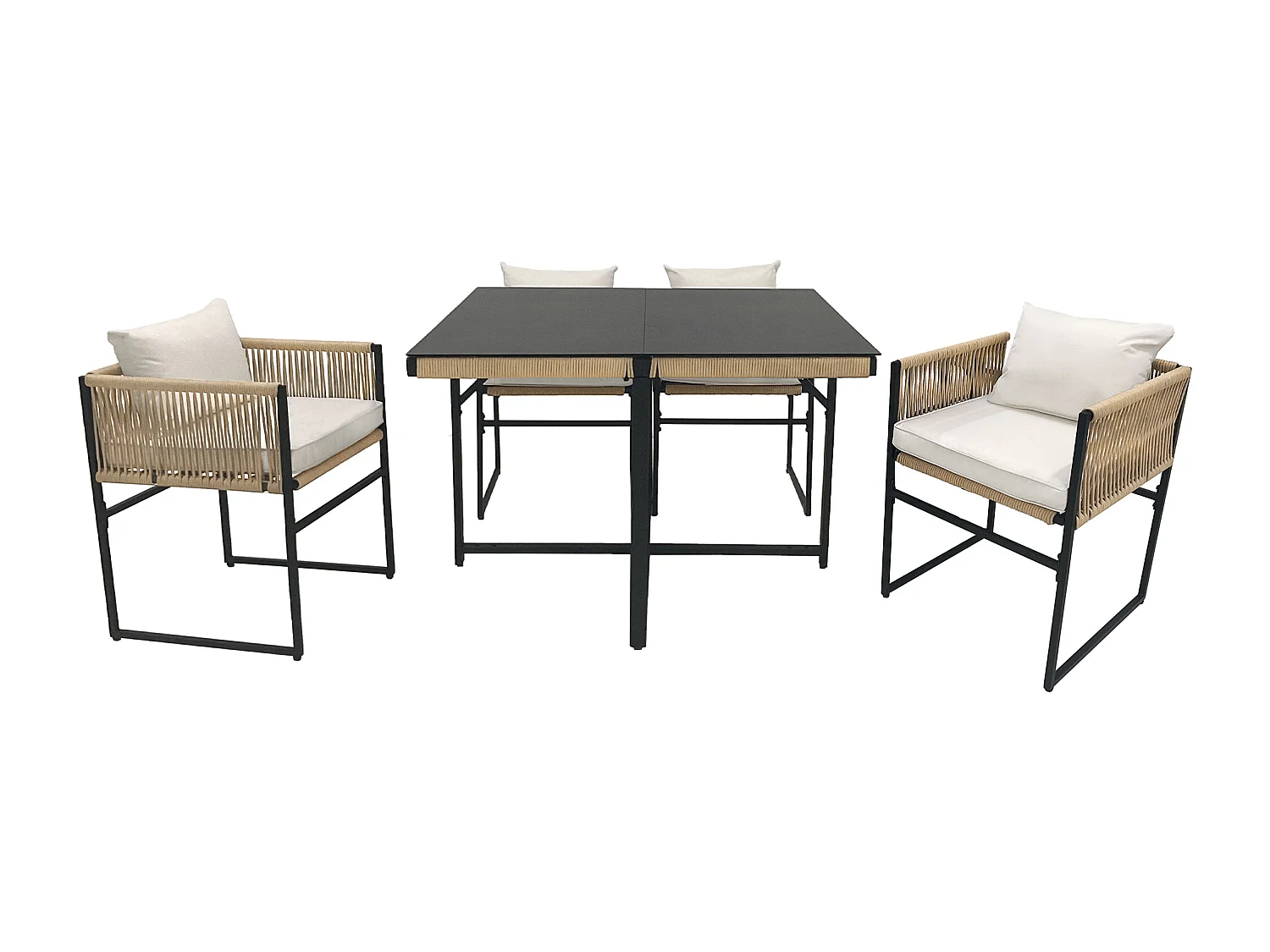 Tuintafel en stoelen, 5-delig, fijn touw, ijzer, tafelblad van 5 mm dik veiligheidsglas, beige