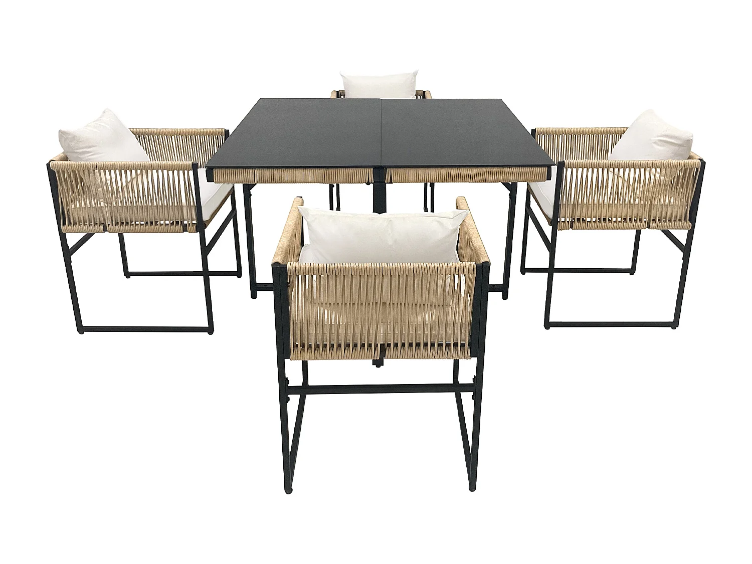 Tuintafel en stoelen, 5-delig, fijn touw, ijzer, tafelblad van 5 mm dik veiligheidsglas, beige