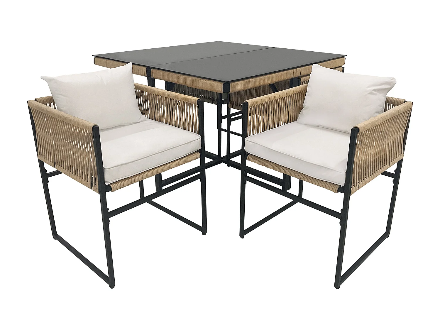 Tuintafel en stoelen, 5-delig, fijn touw, ijzer, tafelblad van 5 mm dik veiligheidsglas, beige