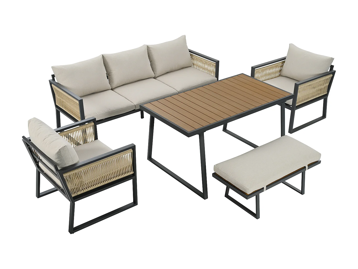 Salotto da giardino 5 pezzi, divano a 3 posti, 2 poltrone, sgabello e tavolo da pranzo, beige