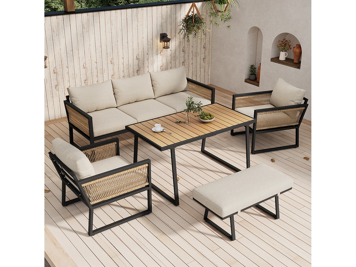 5-teiliges Gartenmöbelset, 3-Sitzer-Sofa, 2 Sessel, Hocker und Esstisch, beige