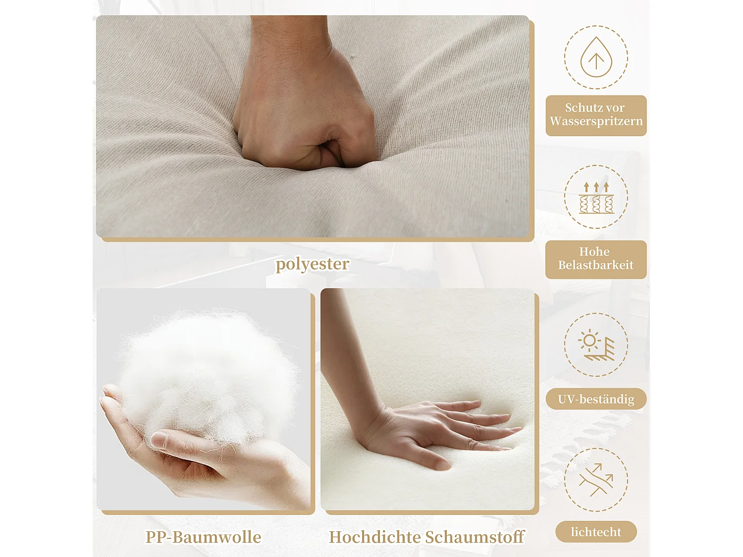5-teiliges Gartenmöbelset, 3-Sitzer-Sofa, 2 Sessel, Hocker und Esstisch, beige
