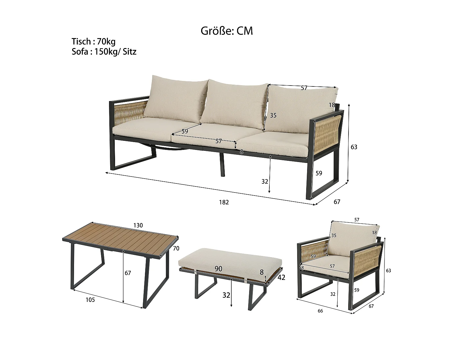5-teiliges Gartenmöbelset, 3-Sitzer-Sofa, 2 Sessel, Hocker und Esstisch, beige