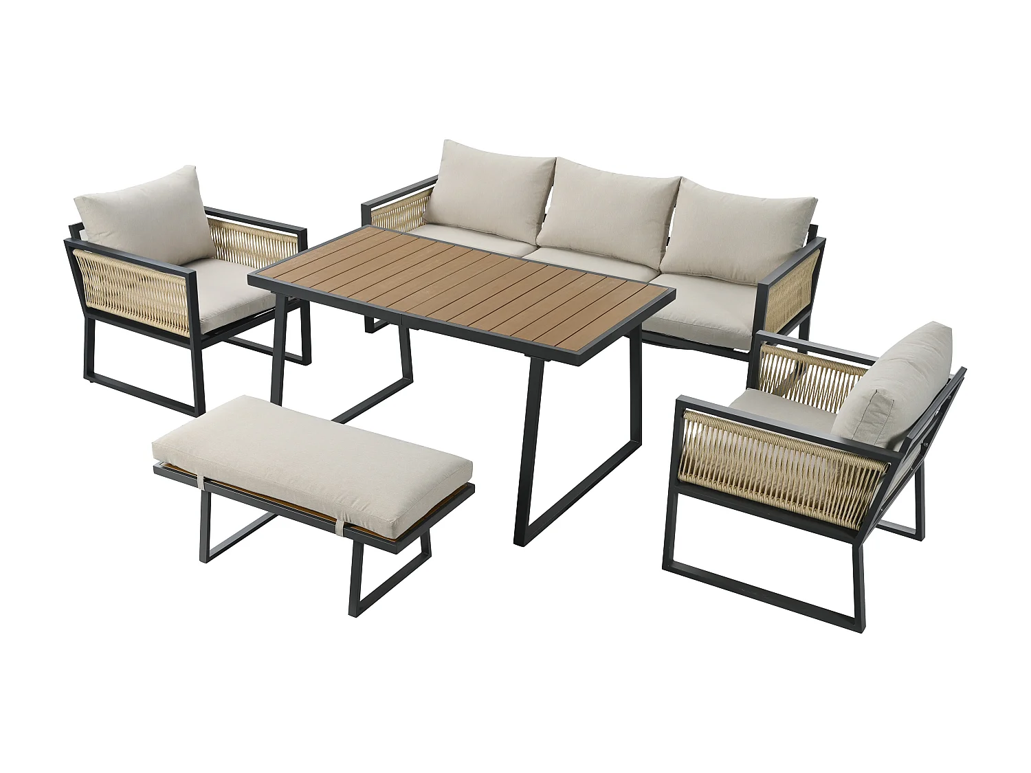 5-teiliges Gartenmöbelset, 3-Sitzer-Sofa, 2 Sessel, Hocker und Esstisch, beige