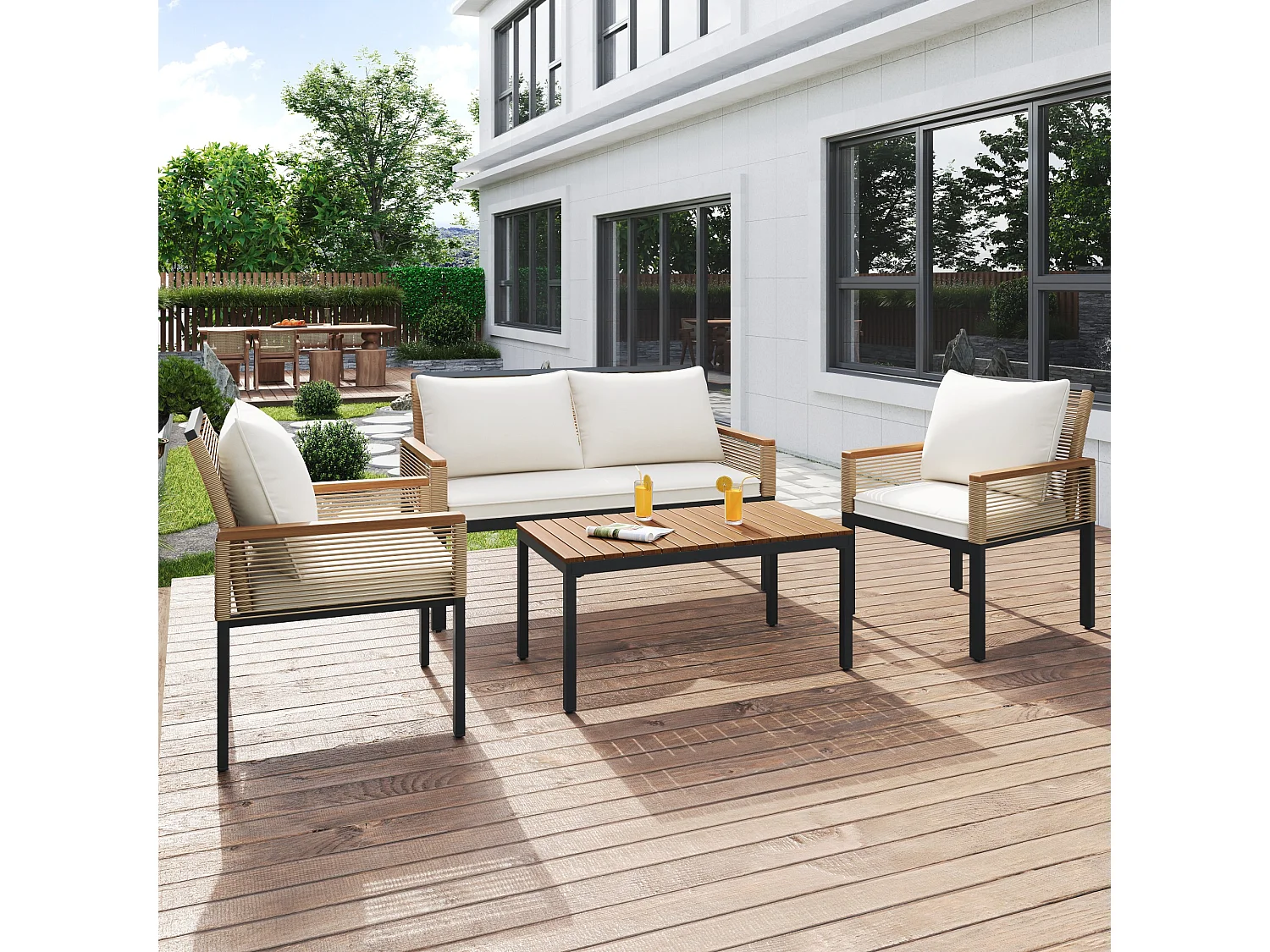 Salotto da giardino con cuscini, divano doppio, 2 poltrone e tavolo, rattan, beige