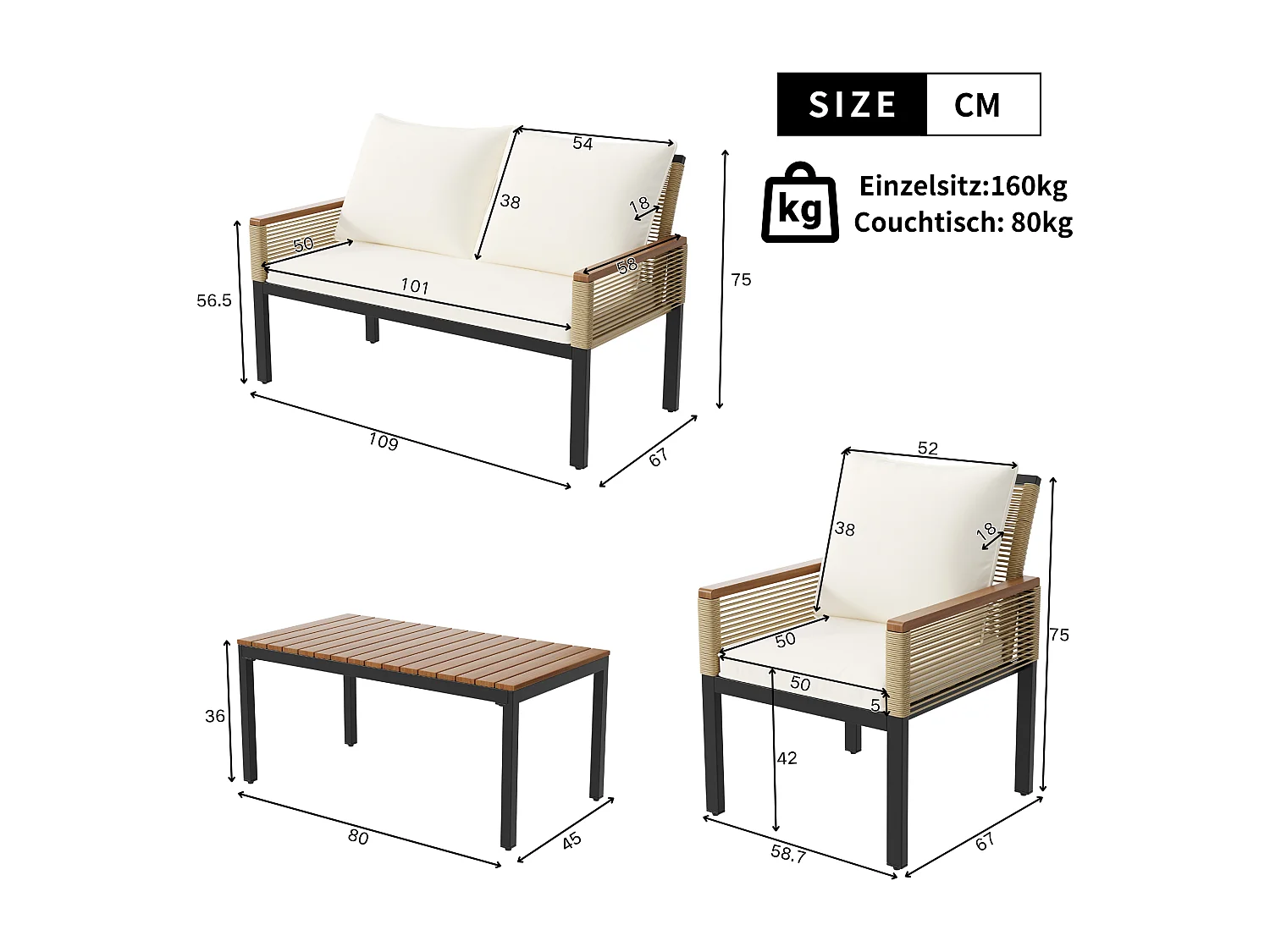 Salotto da giardino con cuscini, divano doppio, 2 poltrone e tavolo, rattan, beige