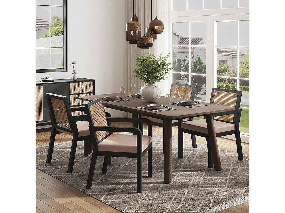 Chaises de salle à manger (2 pièces), revêtement en velours, design ergonomique, dossier en rotin tressé, pieds en bois d'hévéa, noir