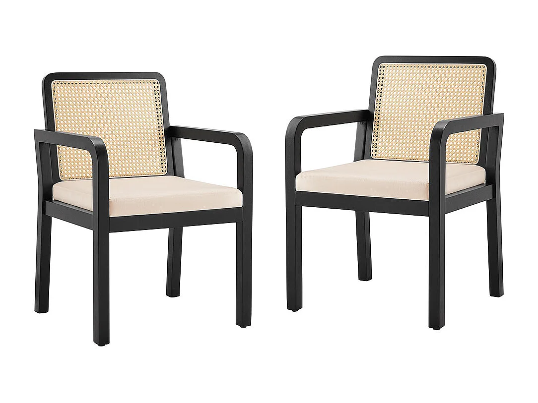 Chaises de salle à manger (2 pièces), revêtement en velours, design ergonomique, dossier en rotin tressé, pieds en bois d'hévéa, noir