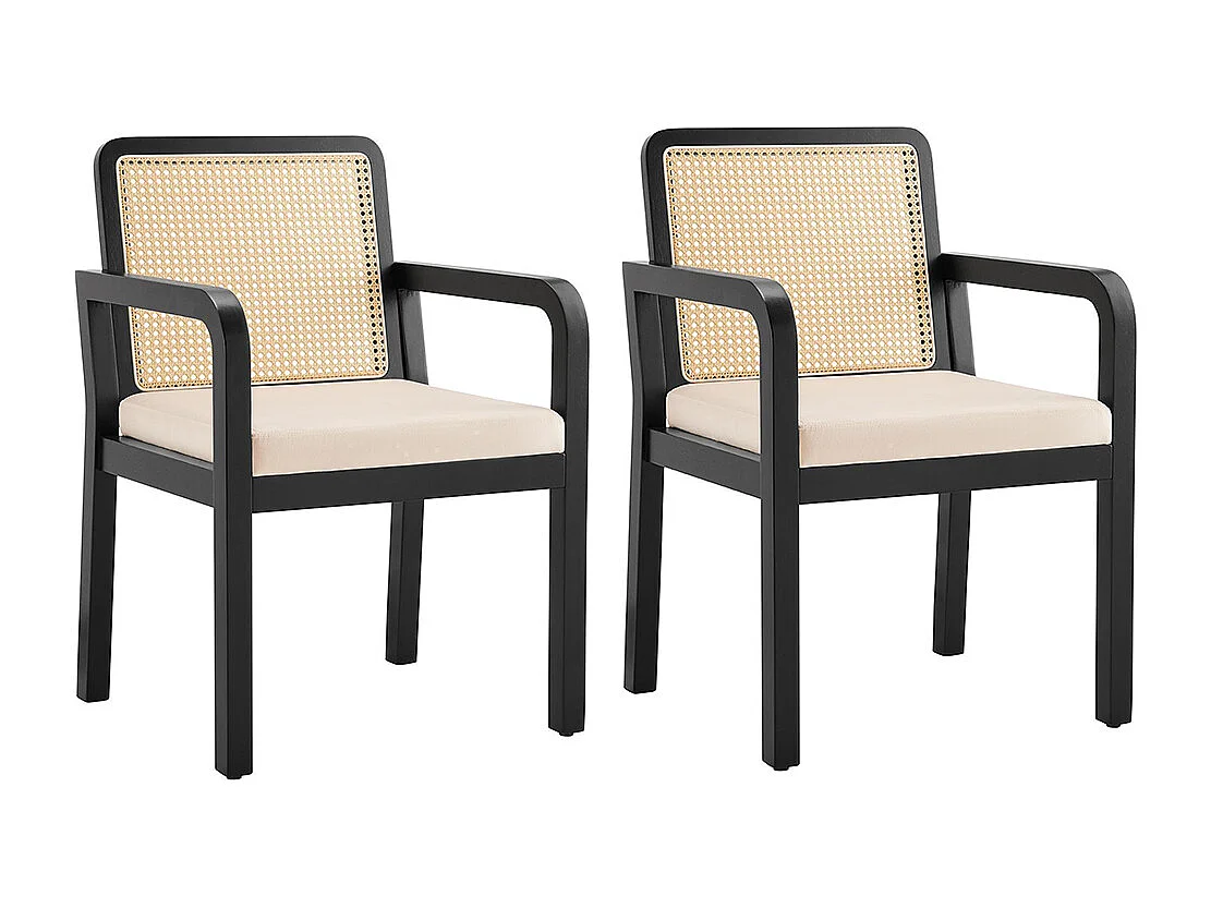 Chaises de salle à manger (2 pièces), revêtement en velours, design ergonomique, dossier en rotin tressé, pieds en bois d'hévéa, noir