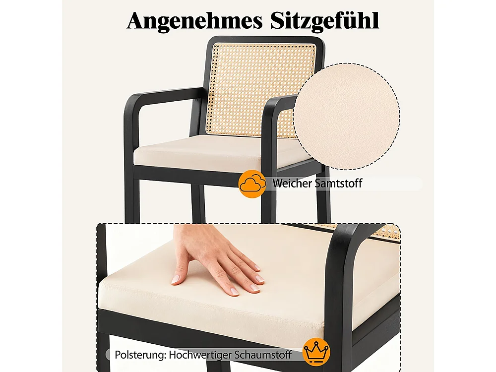 Chaises de salle à manger (2 pièces), revêtement en velours, design ergonomique, dossier en rotin tressé, pieds en bois d'hévéa, noir