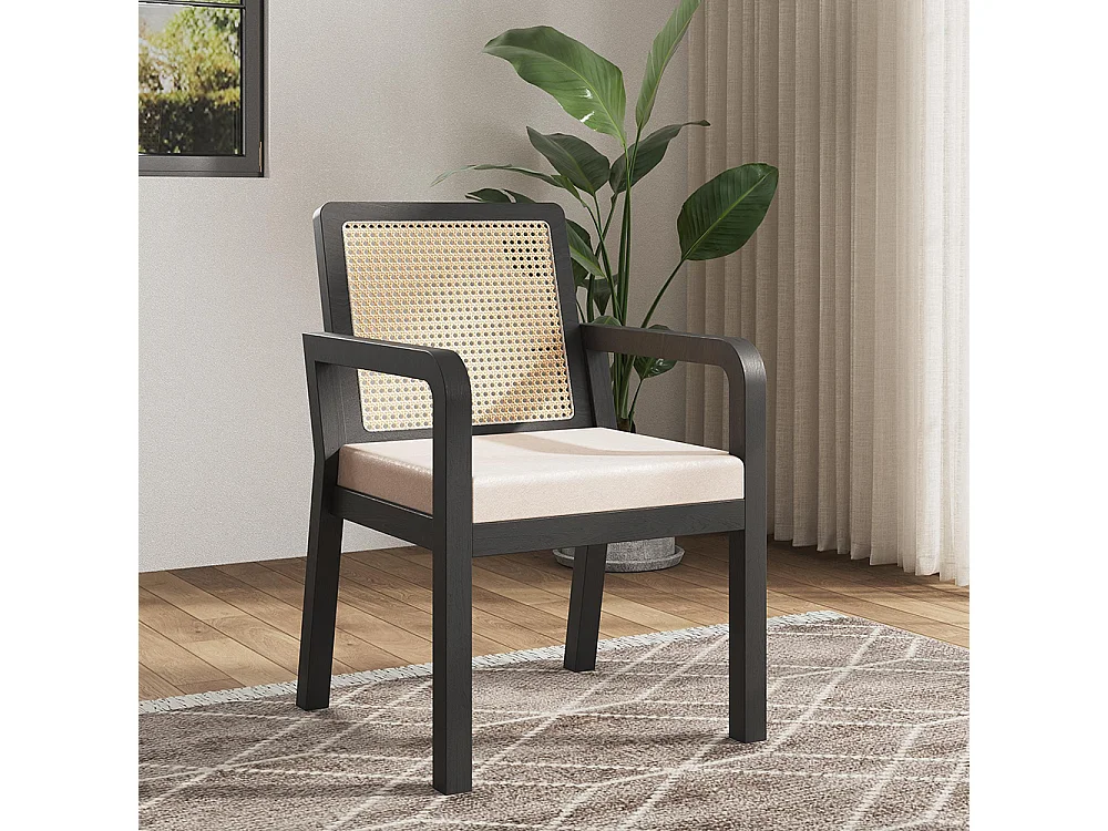 Chaises de salle à manger (6 pièces), revêtement en velours, design ergonomique, dossier en rotin tressé, pieds en bois d'hévéa, noir