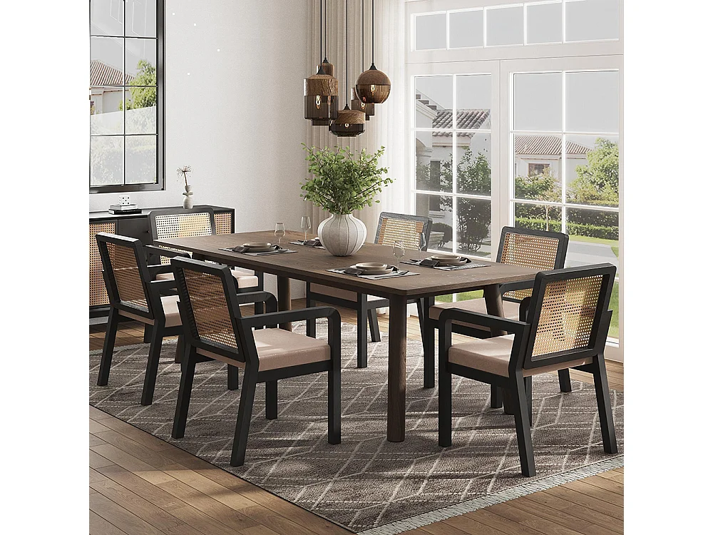 Chaises de salle à manger (6 pièces), revêtement en velours, design ergonomique, dossier en rotin tressé, pieds en bois d'hévéa, noir